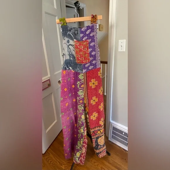 NWT• Reversible Kantha Patchwork Overalls • Handmade Artisan Boho •One-of-a-Kind - Picture 2 of 8